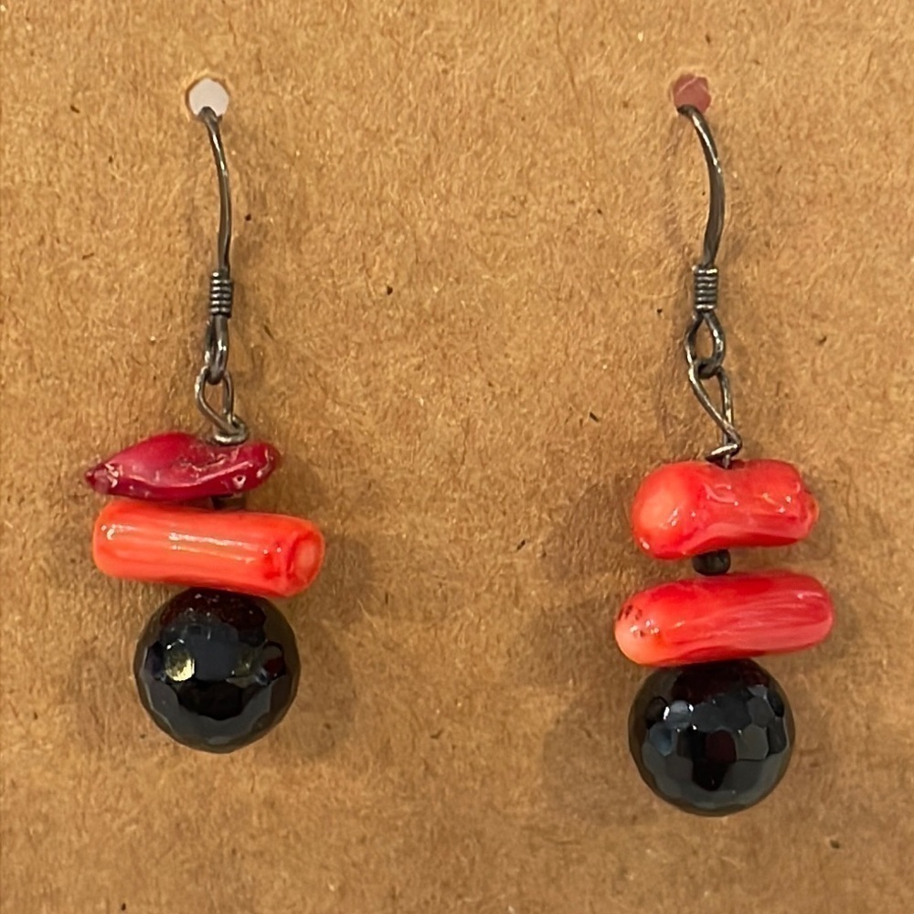 Sterling silver red sponge coral beaded dangle natural earrings